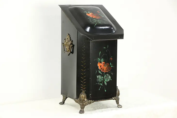 Victorian 1860 Antique Fireplace Coal Caddy or Hod, Hand Painted American
