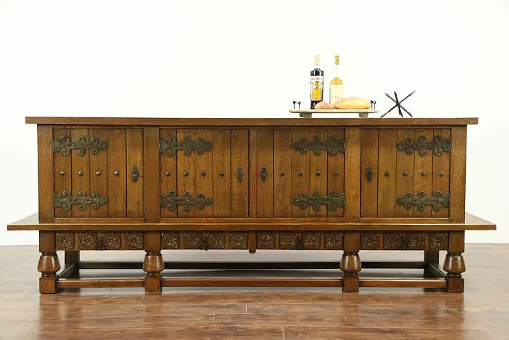 Oak Antique Renaissance Carved Sideboard, Credenza, or TV Console Cabinet