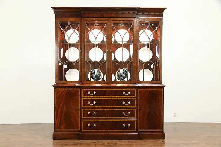 Georgian Breakfront Vintage China Cabinet, Banded Mahogany, Ethan Allen #30989