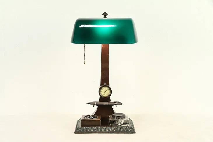 Green Glass Antique Desk Lamp, Inkwell & Clock, Verdelite Pat. 1917 #31571