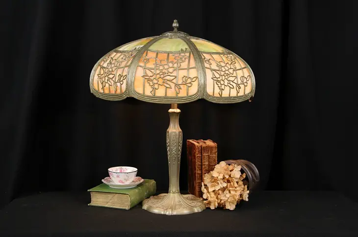 Table Lamp, 1915 Antique Window Pane & Flower Stained Glass Shade