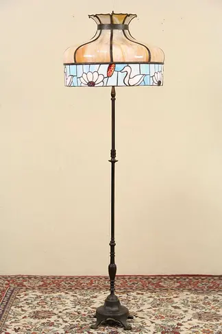 Floor Lamp, 1915 Antique Stained Leaded Glass Ducks Shade
