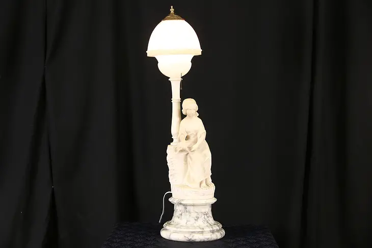 Marble & Alabaster 1920 Antique Art Deco Lamp, Carved Sculpture of a Young Woman