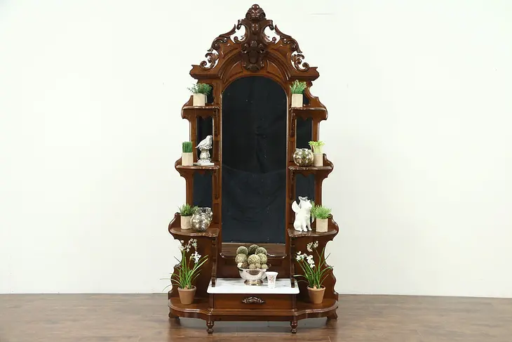 Victorian 1860 Antique Hand Carved Walnut Etagere or What Not, Marble