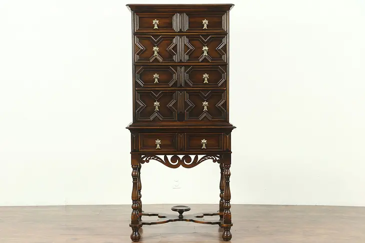 Tudor Design Antique Walnut Chest with Secretary Desk, Signed Kittinger #28632