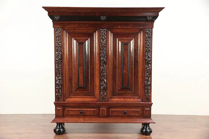 Dutch Antique Rosewood, Oak & Ebony Kas, Dowry Armoire or Cabinet  #29639