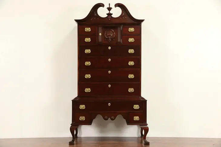 Georgian 1915 Antique Mahogany Carved Highboy or Tall Chest on Chest