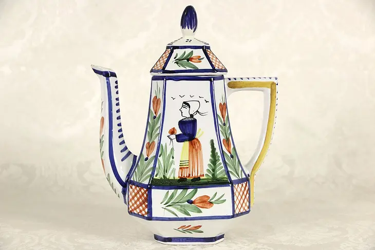Quimper Coffee Pot, Hand Painted & Signed, Brittany France