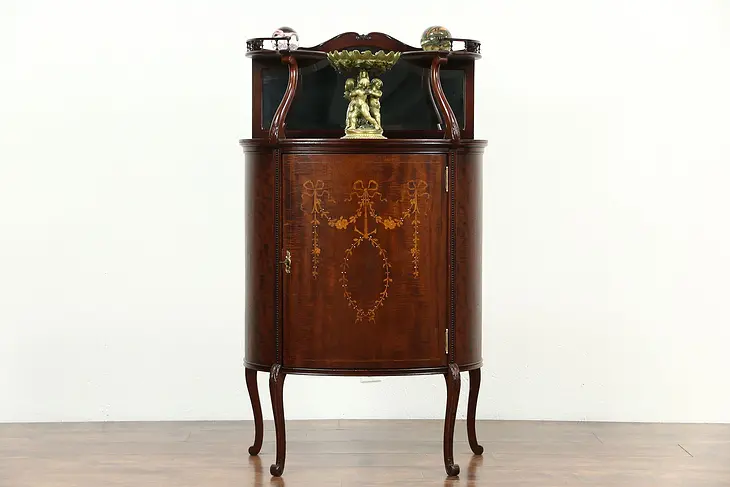 Art Nouveau 1900 Antique Mahogany Music Cabinet, Pearl Marquetry, Beveled Mirror