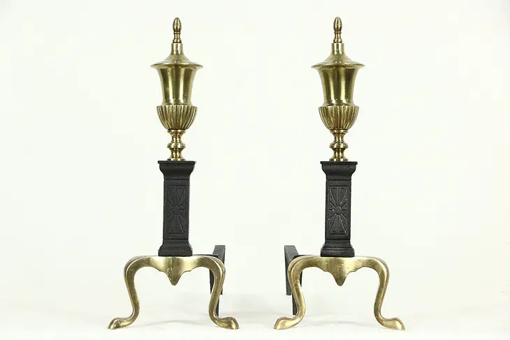 Pair Vintage Brass & Iron Fireplace Andirons