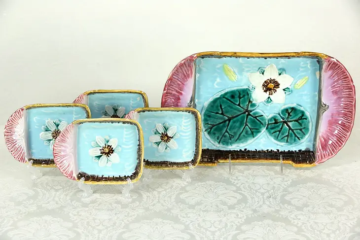 Majolica Hand Painted Shell & Lily Serving Set, Tray & 4 Small Plates