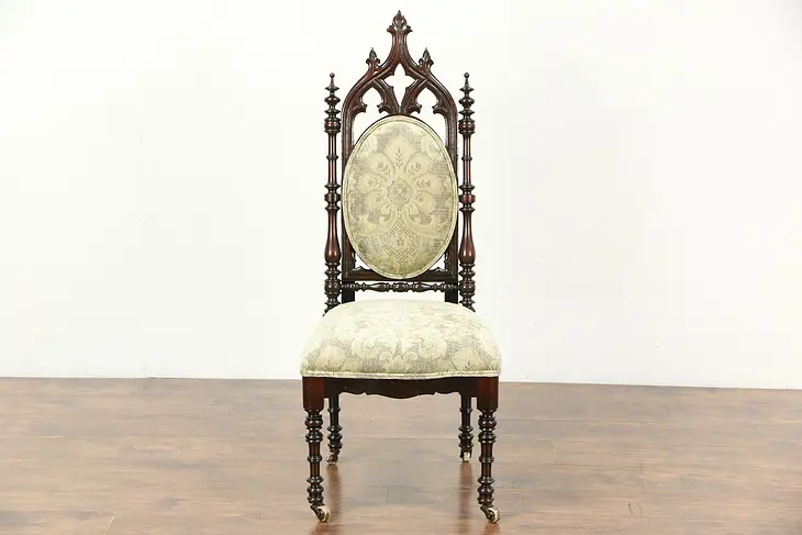 Victorian Gothic 1850 Antique Carved Walnut Chair, New Upholstery