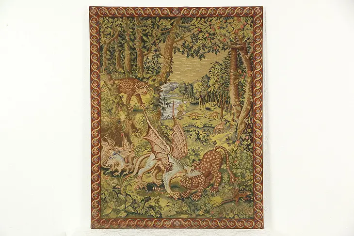 Needlepoint Vintage Tapestry, Leopards & Dragons, Belgium