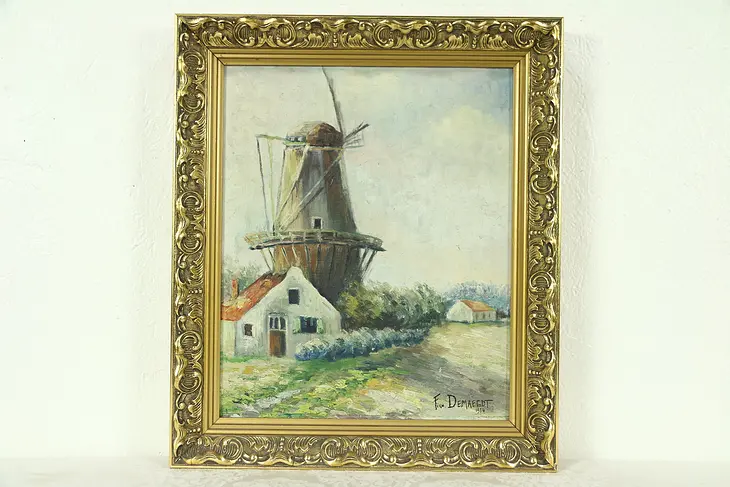 Windmill Scene, Original Oil Painting, Signed Demaegdt 1934