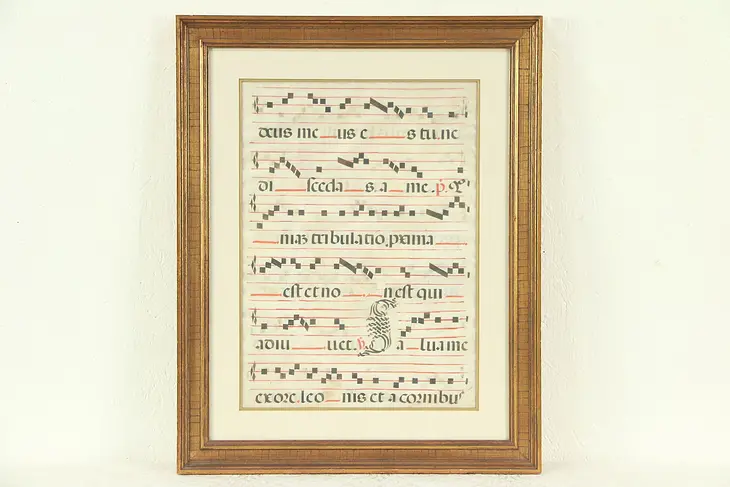 Musical Manuscript Score, Hand Painted on Vellum, Framed 1600's Antique #29130