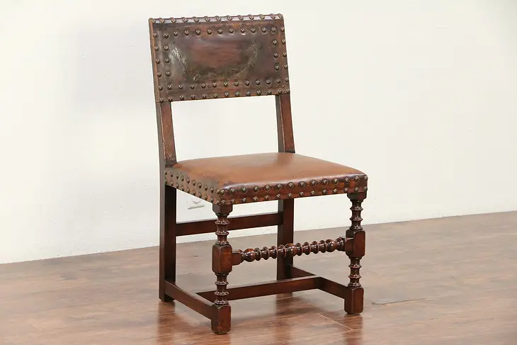 Oak Antique English Dining or Desk Chair, Leather, Waring & Gillows #29828