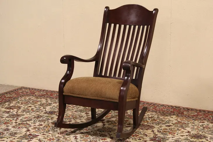 Rocker with Curved Spindles & New Upholstery, 1900 Antique