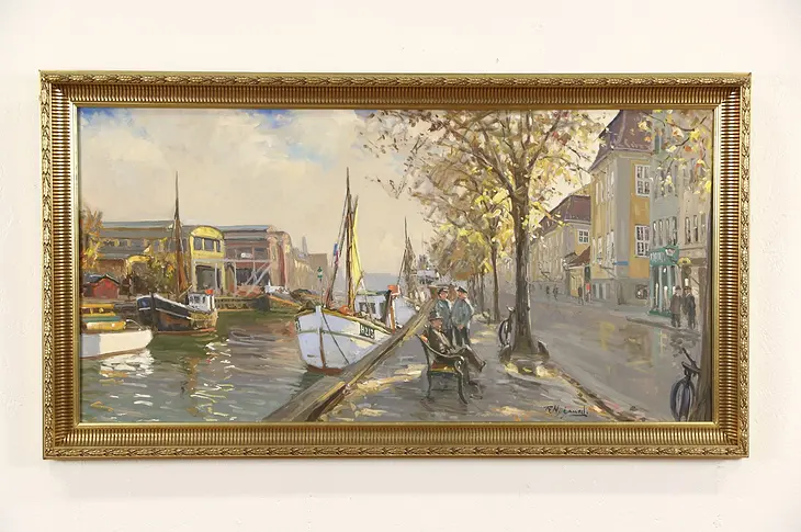 Harbor Scene in Denmark, 1950's Vintage Original Oil Painting, Signed