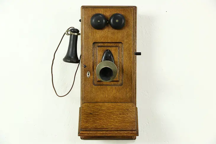 Oak Early 1900's Antique Wall Telephone, Signed Leich, Genoa, IL
