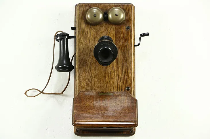 Kellogg Signed 1900's Antique Oak Wall Telephone with Generator