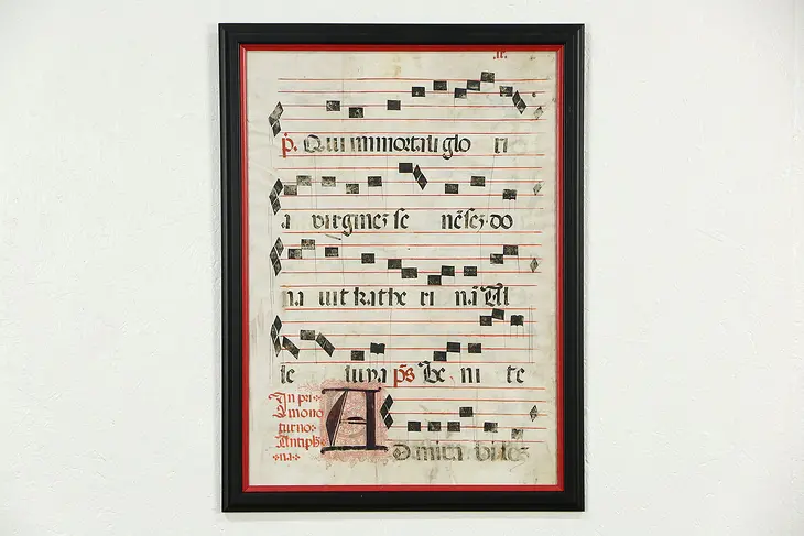 Musical Score 1600's Latin Hand Painted Vellum Manuscript, Framed