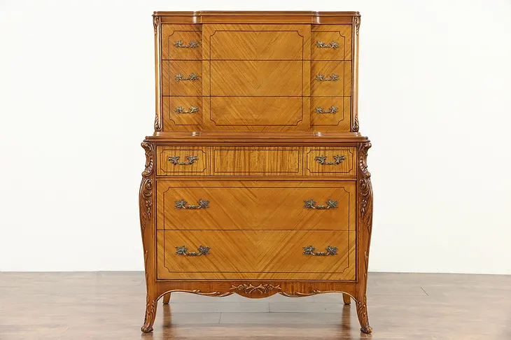 French Style Carved Satinwood 1940 Vintage Highboy or Tall Chest on Chest