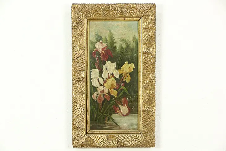 Iris Flowers Still Life 1900 Antique Original Oil Painting, Carved Frame