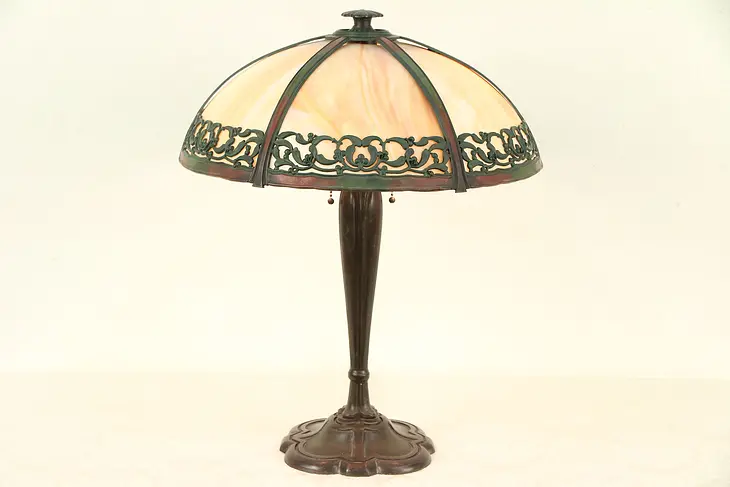 Lamp Antique Etched Curved Stained Glass 6 Panel Shade #29809