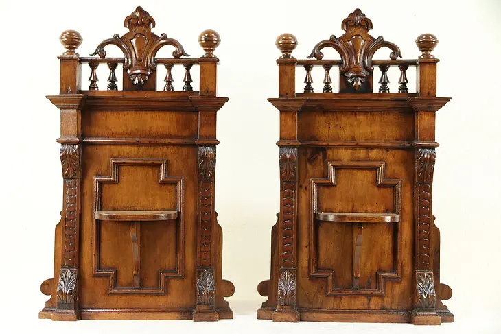 Pair Italian Antique Architectural Salvage Walnut Crests with Shelves  #29891