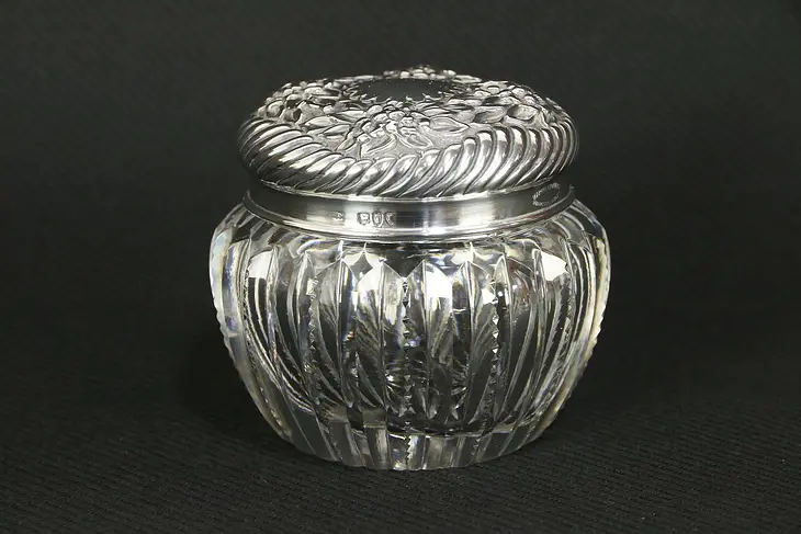 Victorian Antique Crystal Boudoir Jar, Sterling Silver, Mappin of London  #30222