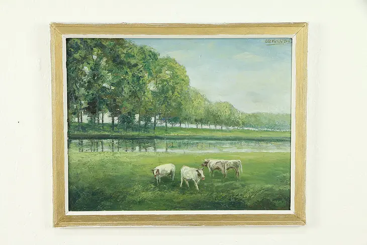 Pond with Cows Original Danish Vintage Oil Painting, Geo. Vuylsteke #31300