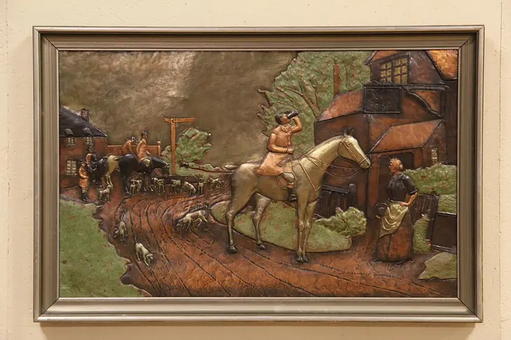 English Hunt Scene, 1930's Embossed and Painted Copper Plate