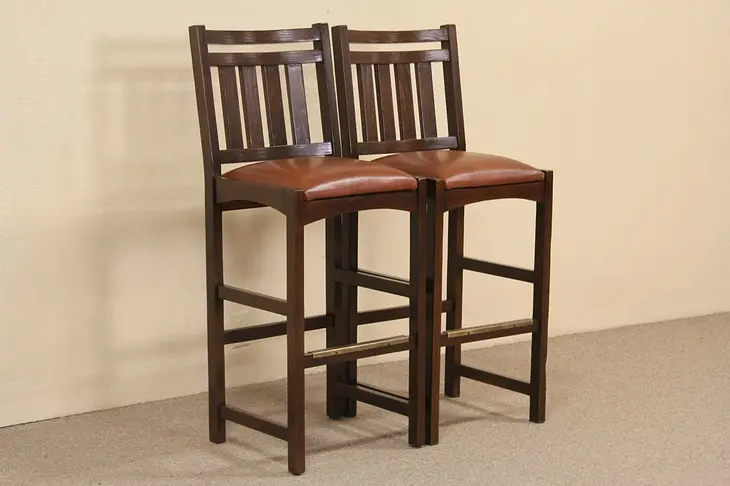 Pair of Mission Oak Arts & Crafts Style Vintage Barstools, Leather Seats