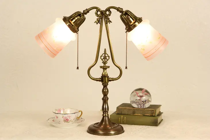 Double Brass 1910 Antique Desk Lamp, Hand Painted Shades
