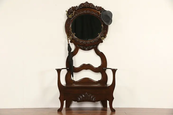 Victorian 1900 Antique Oak Hall Bench, Beveled Mirror & Storage