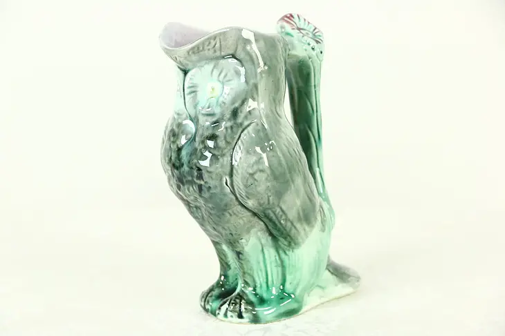 Majolica Owl Pitcher, Hand Painted 6 3/4" Tall