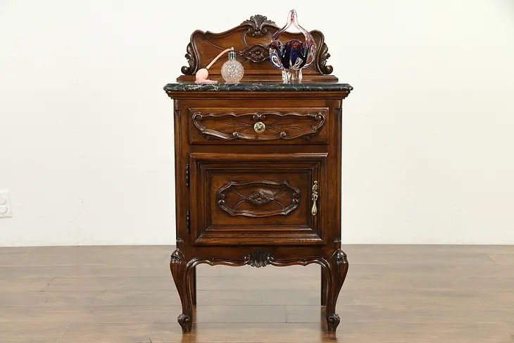 Italian Antique Carved Walnut Nightstand, Black Marble #31625