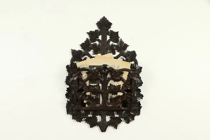 Victorian Folk Art Carved Walnut Wall Pocket, Magazine Rack #31642