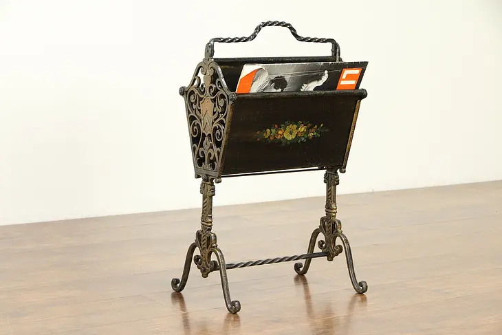 Wrought Iron Antique Magazine Rack or Music Caddy, Hand Painted #32075