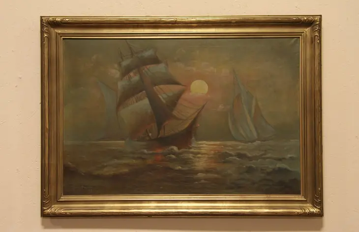 Sailboats At Moonlight Original 1932 Oil Painting