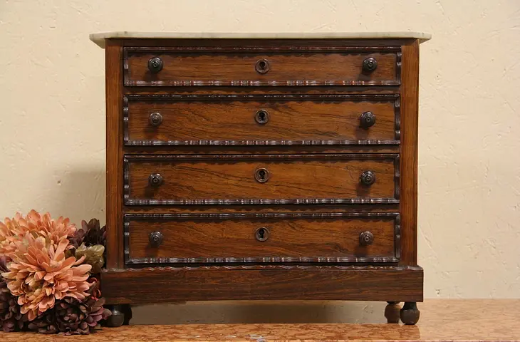 Rosewood & Marble 1850 Antique Miniature Jewelry Chest