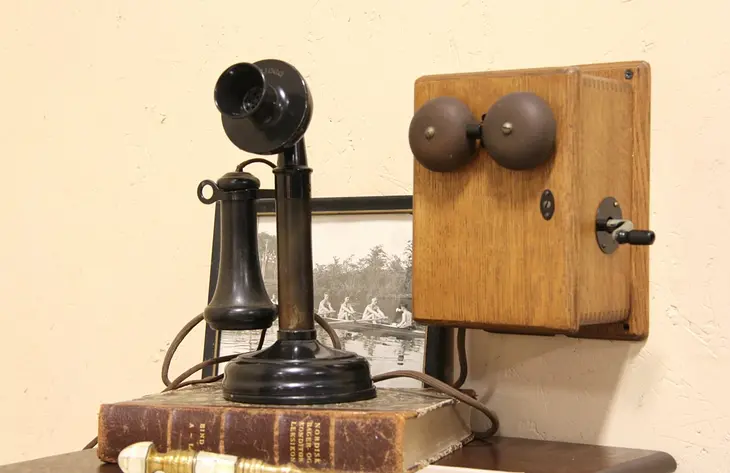 Kellogg 1908 Pat. Candlestick Phone & Oak Ringer Box