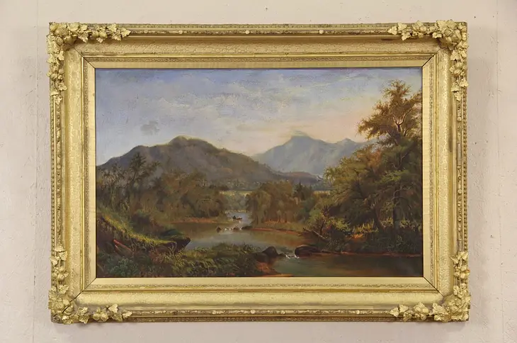Mountain Stream with Rowboat, 1850's Original Oil Painting on Canvas