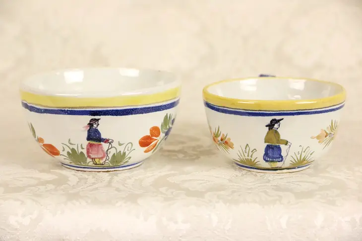 Henriot Quimper Signed His & Hers Coffee Cups, Hand Painted Brittany, France