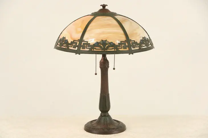 Lamp with Stained Glass Shade, Original Paint 1915 Antique