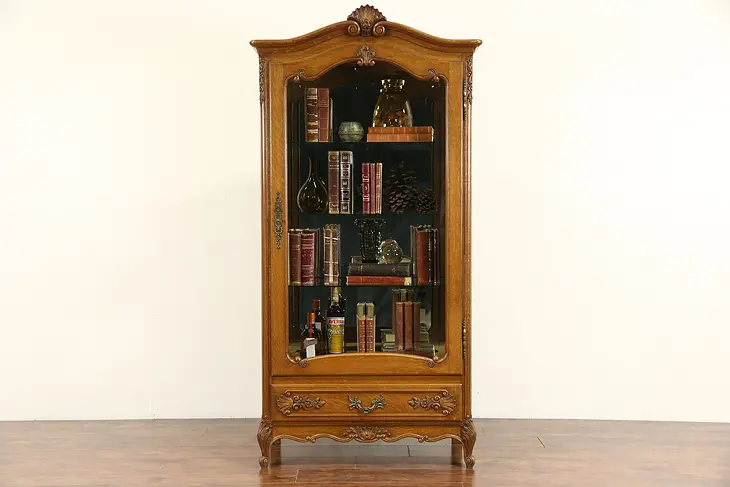 Country French Carved Oak 1940's China or Curio Cabinet, Beveled Glass