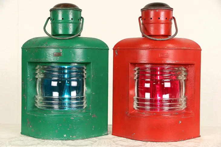 Pair Ship Nautical Antique Red & Green Electrified Lanterns, Signed Peters
