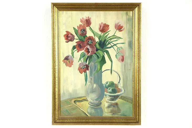 Tulips Still Life Original Oil Painting, 1930's Denmark, Signed