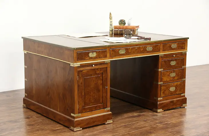 Campaign Partner Desk, 1900 Antique Yew Wood, Tooled Leather, Signed London