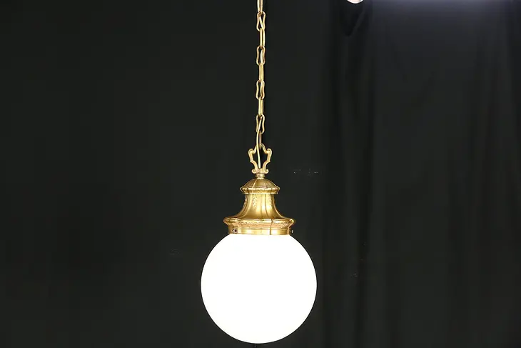 Pendant Antique 1910 Light Fixture, Milk Glass Ball Shade